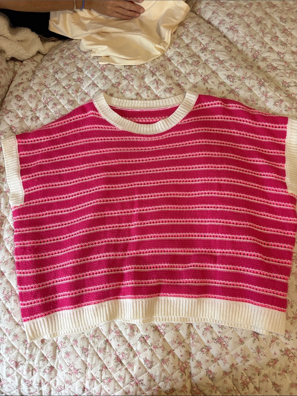 SHEIN Pink and White Striped Short Sleeve Knit Top
